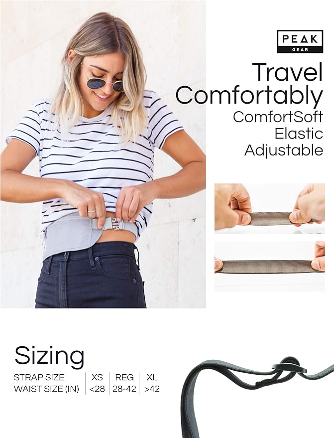 Peak Gear Travel Money Belt. Premium Quality Travel Wallet with RFID Blocking Fabric to Protect Credit Cards, Passports and Documents. Exclusive Theft Protection and 2 Recovery Tags | Gray