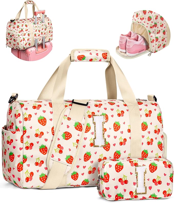 Personalized Gifts for Her, Kids Duffle Bag with Letter, Dance Bag with Makeup Toiletry Bag, Shoe Compartment & Wet Separation, Preppy Trendy Stuff for Kindergarten Elementary Girls