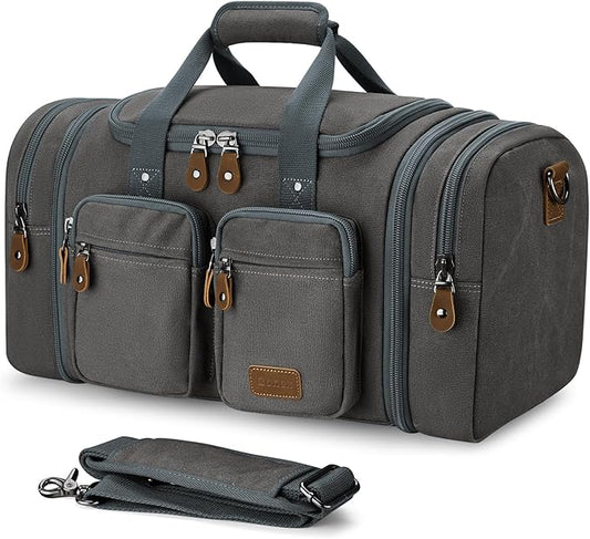 Gonex Canvas Duffle Bag for Travel, Expandable Water Resistant 50L Carry on Duffel Overnight Weekender Gym Bag with Wet Dry Separation Pocket & Suitcase Handle Sleeve, Grey