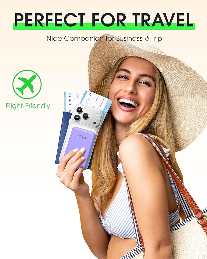 TG90° 2 Pack 5000mAh Power Bank,Small Portable Charge Built-in AC Plug and Cables,Pocket Size USB C External Battery Pack Compatible with iPhone 17 16 15 14 13 12 Samsung Google iPad,White & Purple