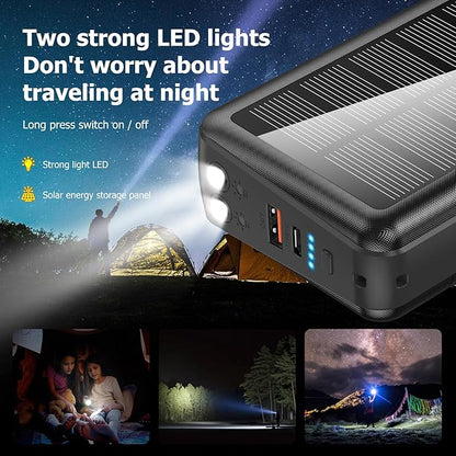 Portable Charger with Built in Cable and Wall Plug 50000mAh PD30W Fast Charging Solar Power Bank with 5 Output & 2 Input Dual LED Flashlights Phone Holder External Battery Pack (Black)