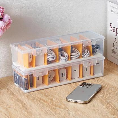 2 Pack Cable Organizer Storage Box with 16 Cable Ties, Clear Phone Charger Organizer Case Wire Organizers for Cords Electronic Storage Box for Drawer Desk Office Home