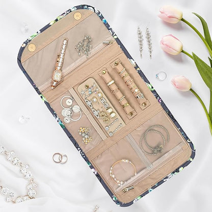 Pavilia Foldable Jewelry Organizer - Travel Roll Bag with Compartments for Earrings, Rings, Necklaces, Bracelets - Packing Accessory
