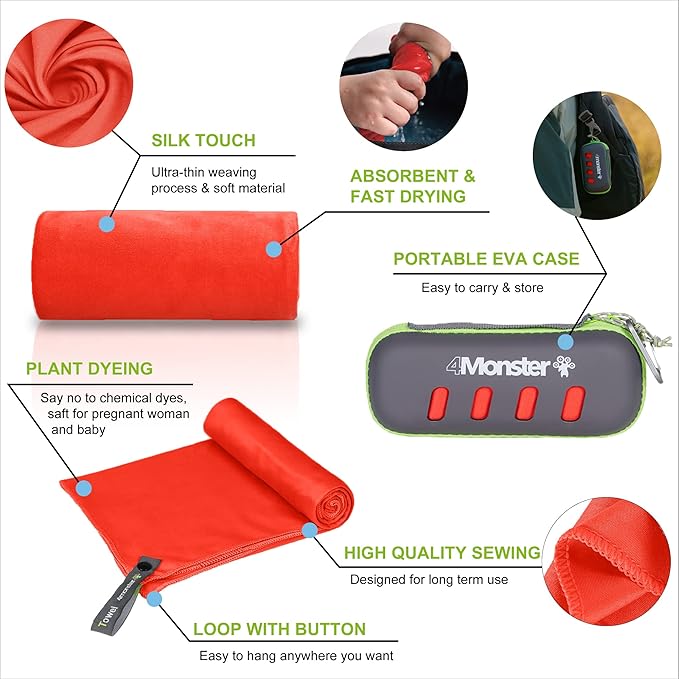 4Monster Camping Towel Super Absorbent-Quick Dry Microfiber Towel Ultra Compact & Soft-Travel Towel Lightweight for Backpacking,Hiking,Gym,Beach,Swimming,Yoga