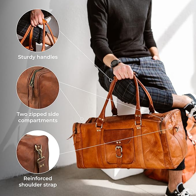 Berliner Bags Vintage Genuine Leather Duffle Bag New York XL for Travel or the Gym, Weekender, Travel Bag, Overnight Bag for Men and Women - Brown