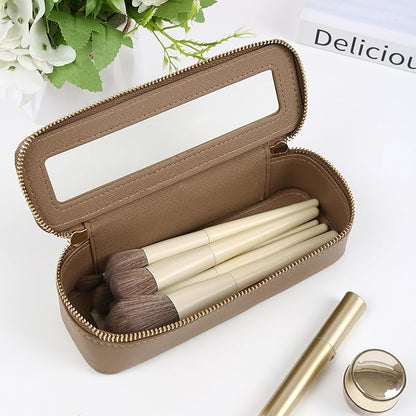 Aveniee Clear Makeup Brush Bag, Slim Cosmetic Brush Holder, Small Travel Toiletry Bag for Women, Thin Make up Bags with Dual Zipper, Mini Travel Essentials Organizer - Taupe