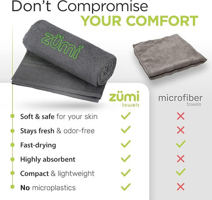 Zumi 100% Cotton Quick Dry Large Travel Towel - Soft, Thin, Compact, Highly Absorbent, Lightweight Camping Towel for Beach, Gym, Bath, Shower, Swimming, Dorm, RV - Gray
