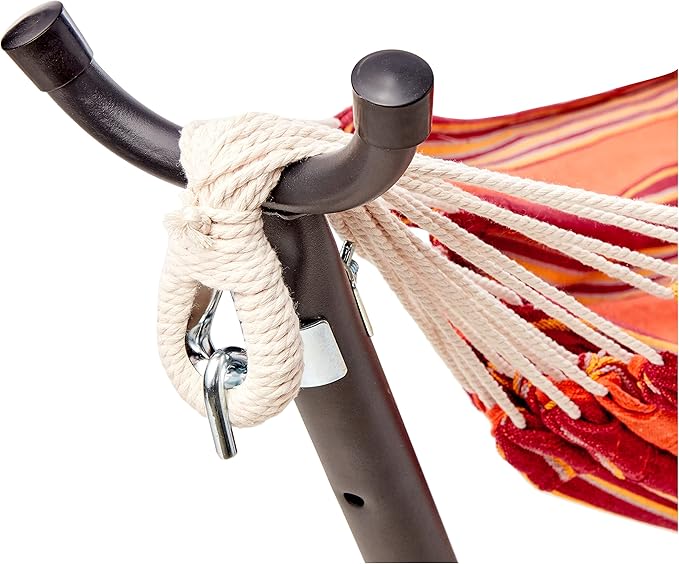 Amazon Basics 2 Person Heavy Duty Double Hammock with 9-Foot Space Saving Steel Stand and Carrying Case Outdoor, 450 lb Capacity, Sunset Orange, Stripe, 110 x 47 x 43 Inches