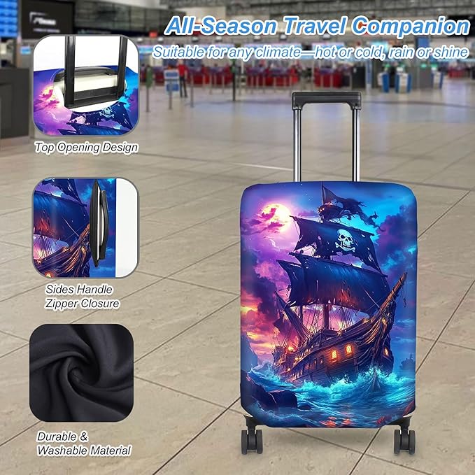 Luggage Cover Protector for 30-32 Inch Suitcases, TSA Approved Elastic Travel Suitcase Covers, Anti-Scratch Washable Luggage Sleeve for Carry On & Checked Bags, Pirate Ship