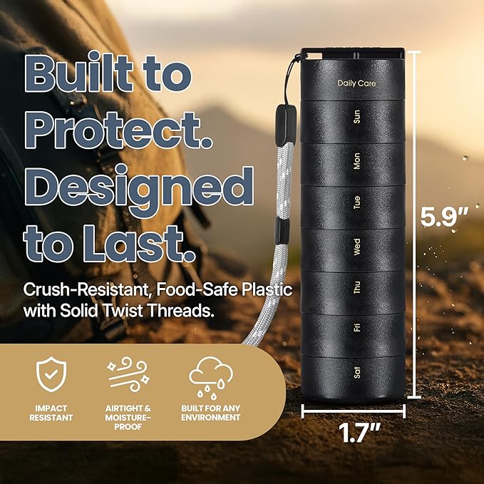 Ankomn - 7 Day Travel Pill Organizer for Men & Women. IPX7 Rating Waterproof, Airtight & Portable Pill Case for Vitamins. Durable Weekly Supplement Case with Stackable Compartments for Outdoor Use.