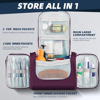 Buruis Large Toiletry Bag for Women and Men, Hanging Travel Bag for Makeup, Cosmetics, Shaving, Toiletries, Water-Resistant Dopp Kit for Gym, Camping, or Daily Use, Purple