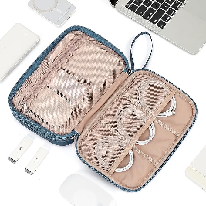 NISHEL Travel Cord Organizer Case, Double Layers Tech Electronic Bag, Essentials for Charger, Cable, Phone, Flash drive, Large, Lake-Blue