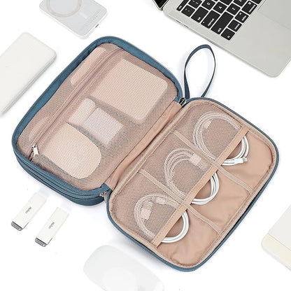 NISHEL Travel Cord Organizer Case, Double Layers Tech Electronic Bag, Essentials for Charger, Cable, Phone, Flash drive, Large, Lake-Blue