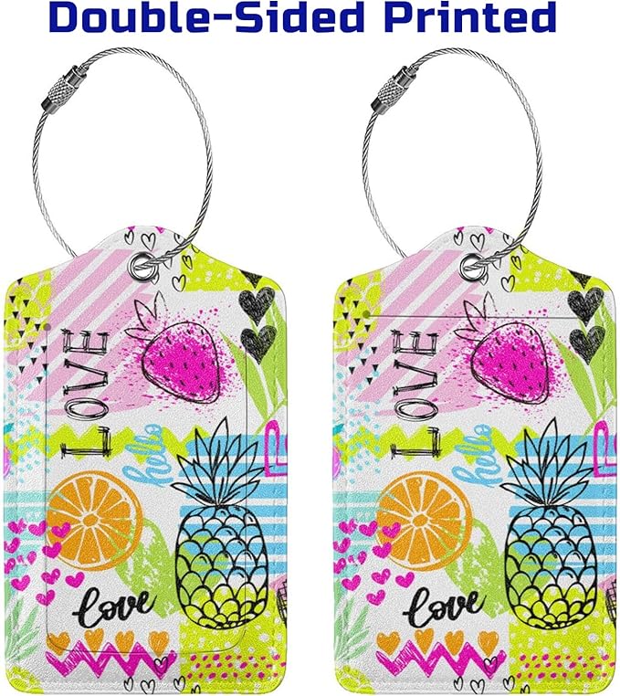 2 Pieces Funny Fruits Luggage Tags for Suitcases Women Girls, Colorful Bag Tags with Pineapple, Strawberry, Love Pattern, Cute Leather Labels Privacy Protection Travel Tag