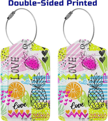 2 Pieces Funny Fruits Luggage Tags for Suitcases Women Girls, Colorful Bag Tags with Pineapple, Strawberry, Love Pattern, Cute Leather Labels Privacy Protection Travel Tag