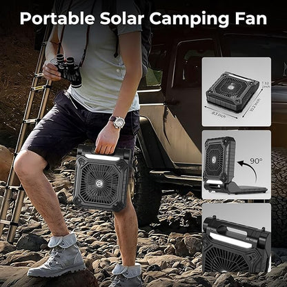 PANERGY Solar Fan with Lantern for Camping, Rechargeable Battery Powered Fan(19H cooling/28H lighting), 3-Speed, 6H Timer, 90°Folding Cordless & Portable for Outdoor Travel RV Power Outage