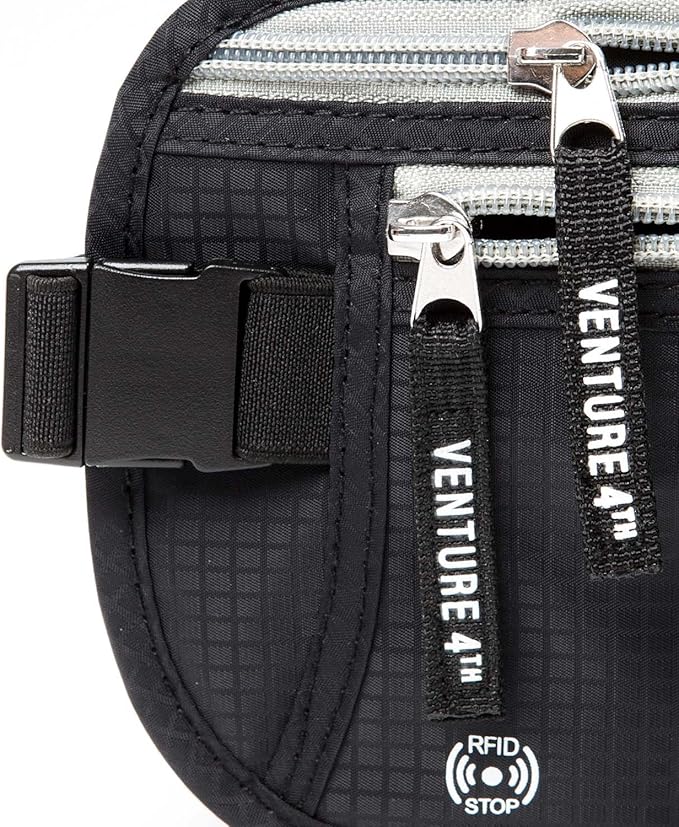 VENTURE 4TH Slim Minimalist Design RFID Money Belt with RFID Blocking Sleeves, for Men and Women – Ideal for Keeping Your Cash, Credit Card, Passport, Phone Secure When Traveling - Black