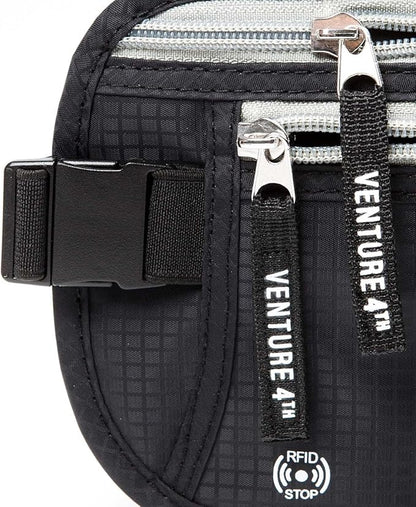 VENTURE 4TH Slim Minimalist Design RFID Money Belt with RFID Blocking Sleeves, for Men and Women – Ideal for Keeping Your Cash, Credit Card, Passport, Phone Secure When Traveling - Black
