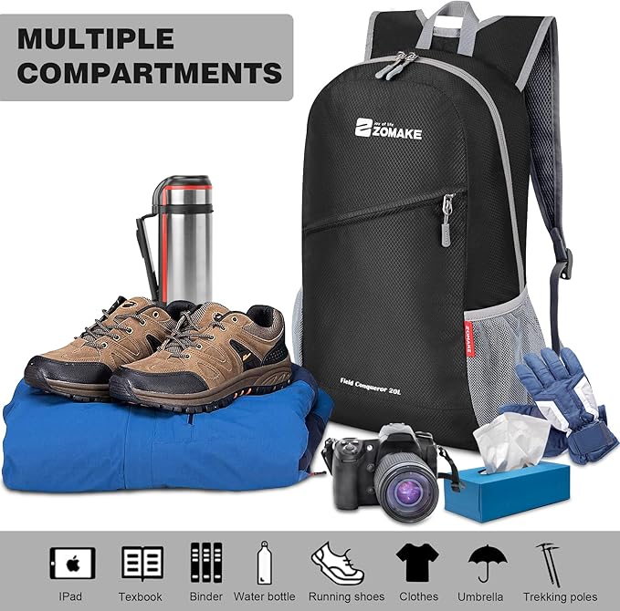 ZOMAKE Lightweight Packable Backpack 20L, Foldable Backpacks Small Daypack for Hiking Water Resistant Day Bag for Travel(Black)