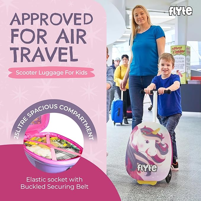 FLYTE Scooter Suitcase Folding Kids Luggage – Luna the Unicorn, 18 Inch Hardshell, Ride On with Wheels, 2-in-1, 25 Litre Capacity