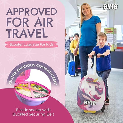 FLYTE Scooter Suitcase Folding Kids Luggage – Luna the Unicorn, 18 Inch Hardshell, Ride On with Wheels, 2-in-1, 25 Litre Capacity