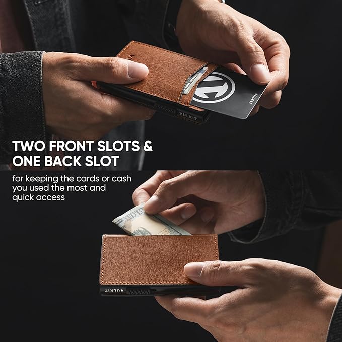 VULKIT Men's Slim Wallet Pop Up Card Holder RFID Blocking Metal Wallet Minimalist Design Holds Up to 11 Cards, Nappa Leather