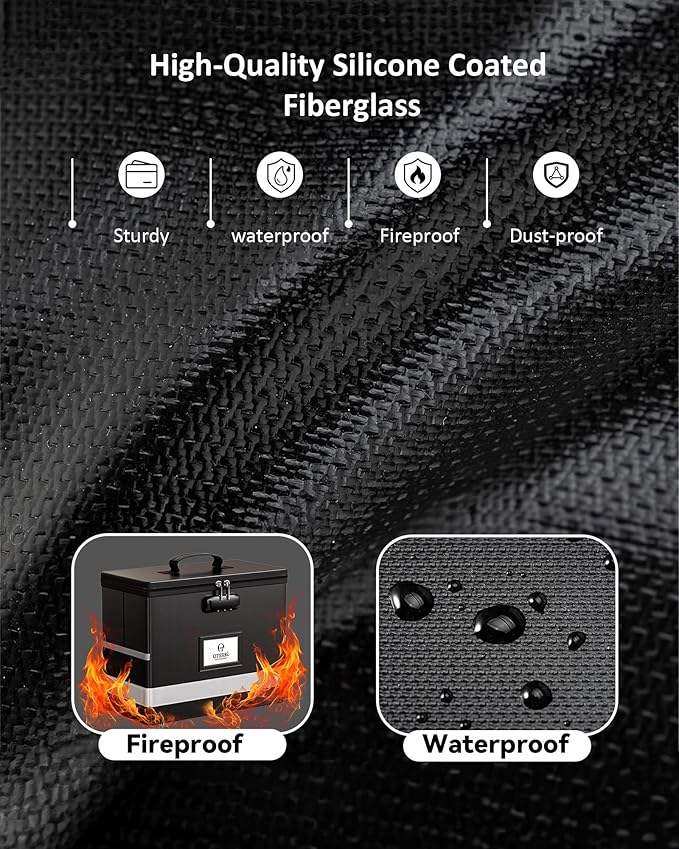 Oterri 1 Pack Fireproof Document Box With Lock, Portable File Safe Box Fireproof Waterproof For Letter Files, Collapsible Fireproof File Box With Handle Black