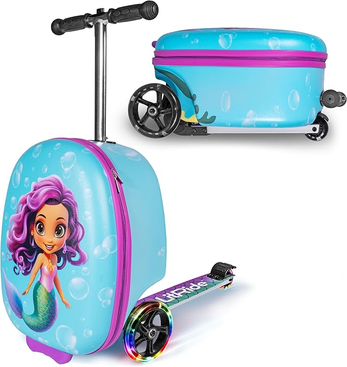 Hardshell Kids Ride-On Luggage with Scooter Suitcase – Carry-On Compliant with LED Light-Up Wheels – Fun and Functional Travel Companion for Children Ages 5–12