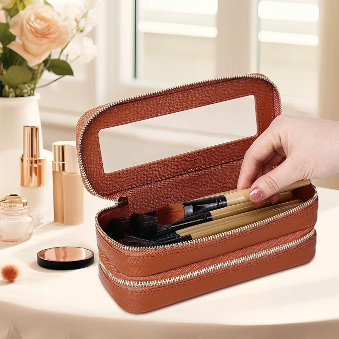 Pinkmik Double Layer Makeup Bag Makeup Brush Case Waterproof Travel Cosmetic & Toiletry Bag Purse Organizer and Car Essentials for Women (X/Brown, Double SLIM)