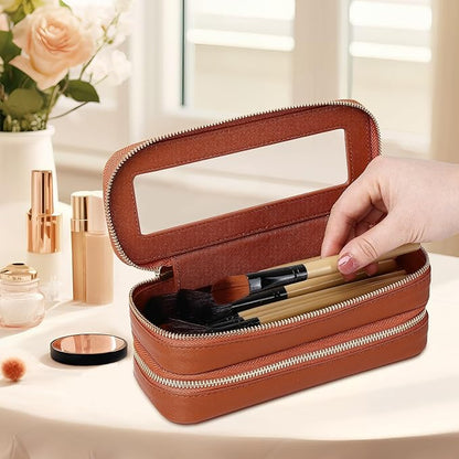 Pinkmik Double Layer Makeup Bag Makeup Brush Case Waterproof Travel Cosmetic & Toiletry Bag Purse Organizer and Car Essentials for Women (X/Brown, Double SLIM)