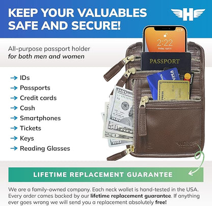 HERO Neck Wallet, RFID Blocking Passport Holder, Vegan Leather Travel Pouch (Brown)