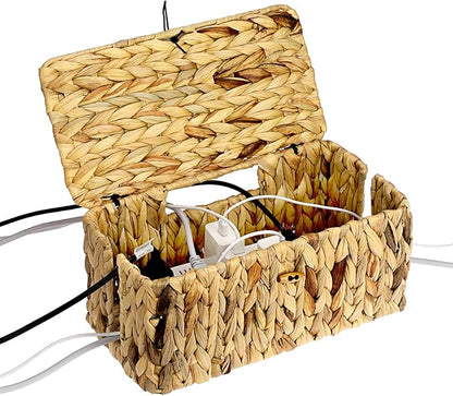 BTSKY Woven Cable Management Box with Lid, Water Hyacinth Cord Organizer for Desk, Cable Organizer Box with 2-Open Slots to Hide Power Strips USB Hubs for Home & Office, Pet Proofing Cord Basket, L