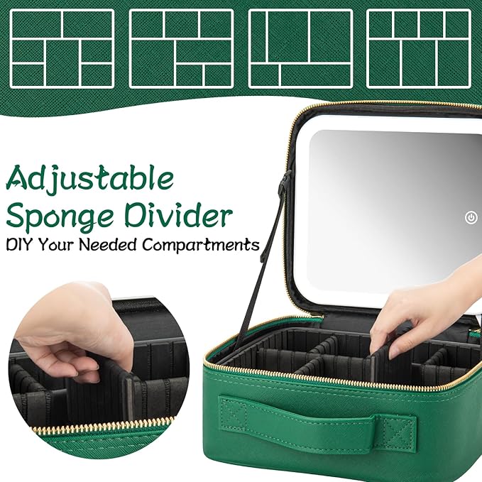 Makeup Travel Train Case with Mirror LED Light 3 Adjustable Brightness Large Cosmetic Bag Portable Storage Adjustable Partition Waterproof Makeup Brushes Make up Jewelry Gift for Women