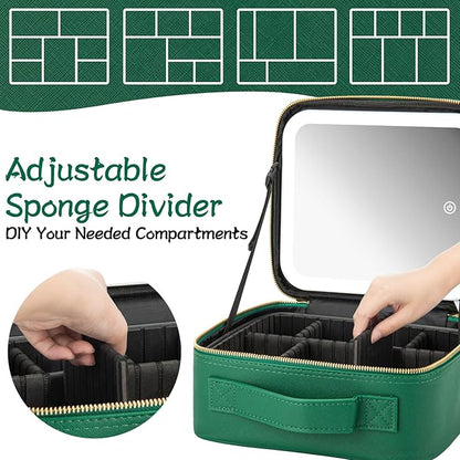 Makeup Travel Train Case with Mirror LED Light 3 Adjustable Brightness Large Cosmetic Bag Portable Storage Adjustable Partition Waterproof Makeup Brushes Make up Jewelry Gift for Women