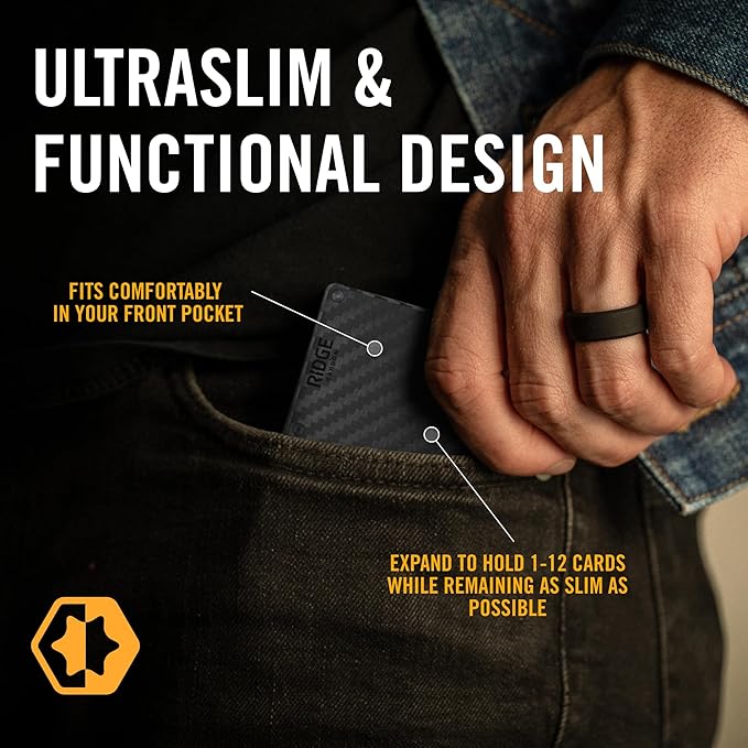 Ridge Wallet for Men - Slim Minimalist Compact Wallet and Card Holder, RFID Protected Front Pocket Wallets for Men with Integrated Cash Strap (Carbon Fiber 3K)