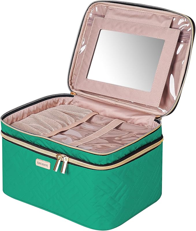 8.8L Double Layer Travel Makeup Bag With Mirror For Women, Large Cosmetic Case, Organizer for Travel-Size Accessories Bottles, Brushes,and Skin Care Products, 2.33 GAL, Green…
