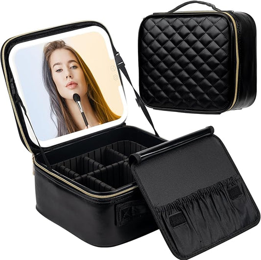 SJD Travel Makeup Bag with LED Mirror, Portable Cosmetic Case Organizer with Lighted Mirror, Waterproof Makeup Case for Cosmetic Brush Holder Storage, Black Toiletry Bag for Women Gift