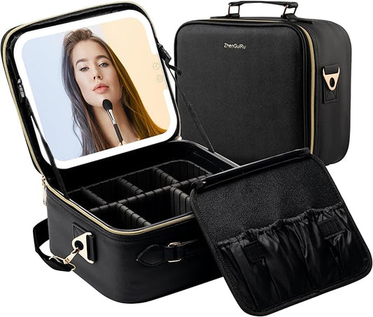 SJD Travel Makeup Bag with LED Mirror, Portable Cosmetic Case Organizer with Lighted Mirror, Waterproof Makeup Case for Cosmetic Brush Holder Storage, Black Toiletry Bag for Women Gift