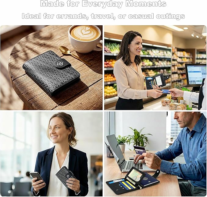 Passport Holder for Travel, RFID Blocking Leather Airtag Wallet for Women Men, Large Passport Cover Essentials Gift, Tickets, Cash, Photo, Sim Card Pen Slot - Black