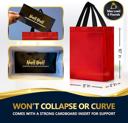 Nush Nush Shiny Red Gift Bags Bulk -Set of 60 Mediums Size, Bulk Gift Bags with Handles - Reusable Goodie Bag for Christmas Gifts, Halloween Treats, Birthday Presents, Small Business - 8Wx4Dx10H