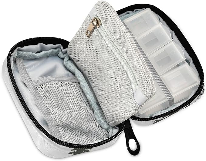 Grey and White Mountains and Trees Pill Organizer Box Case Container Holder 7 Days Weekly Travel Cute Vitamin Dispenser Sorter Planner Storage Small Compact Men Women