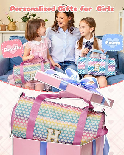 Gifts for Teens, Girls Travel Duffel Bag, Kids Initial Overnight Bags with Shoe Compartment, Personalized Weekender Bag with Makeup Pouch, Stocking Stuffers for Grandkids (Letter D)