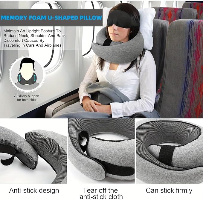 Travel Neck Pillows for Airplanes, 360° Head Support Sleep for Long Flight, Skin-Friendly & Breathable, Kit with 3D Contoured Eye Mask and Earplugs, 100% Pure Memory Foam Full Neck Surround Pillows