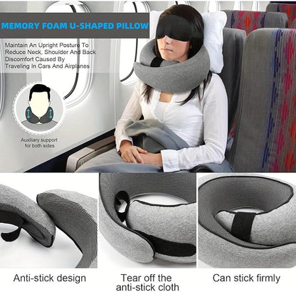 Travel Neck Pillows for Airplanes, 360° Head Support Sleep for Long Flight, Skin-Friendly & Breathable, Kit with 3D Contoured Eye Mask and Earplugs, 100% Pure Memory Foam Full Neck Surround Pillows