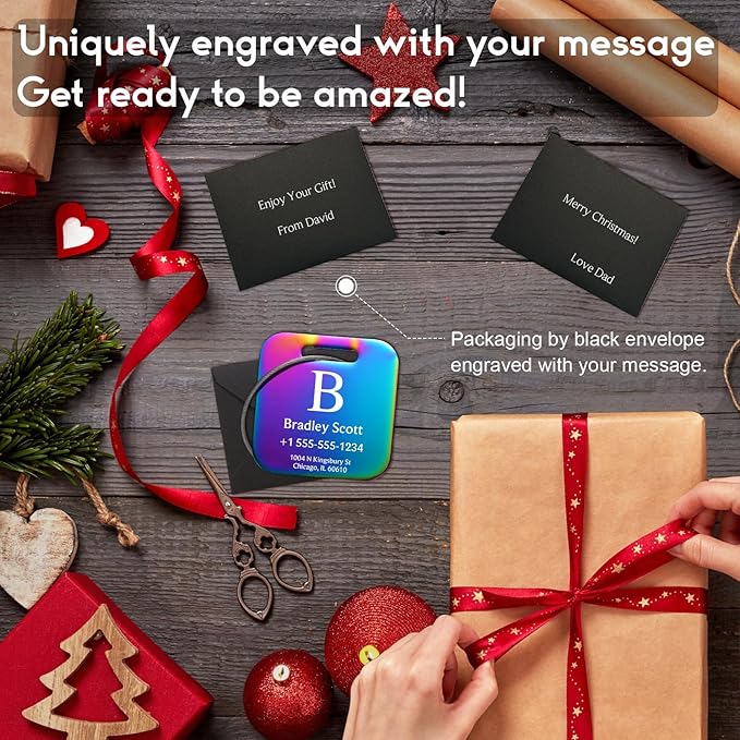 Stainless Luggage Tags for Suitcases 4 Pack: Metal Personalized Luggage Tags for Backpacks & Bags with Customizable Texts (Rainbow)