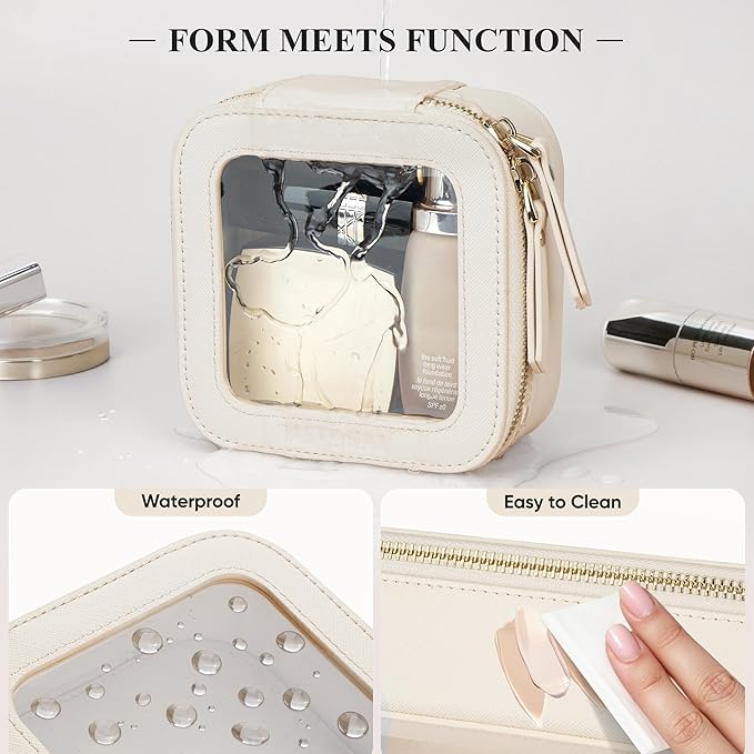 Clear Makeup Bag, Travel Toiletry Bag Cosmetic Case for Women, Waterproof Portable Small Make Up Skincare Pouch with Zipper, Compact Car Organizer Bag for Essentials, Mini Size, Beige