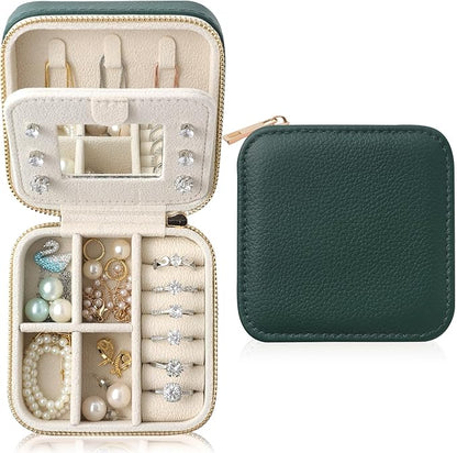 Genuine Leather Travel Jewelry Organizer Case with Mirror for Women, Small Mini Portable Jewelry Box for Earring, Ring, Necklace, Bracelet（Forest Green）