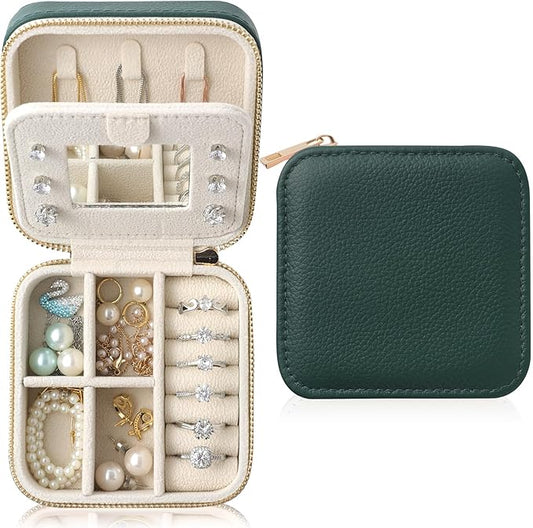 Genuine Leather Travel Jewelry Organizer Case with Mirror for Women, Small Mini Portable Jewelry Box for Earring, Ring, Necklace, Bracelet（Forest Green）
