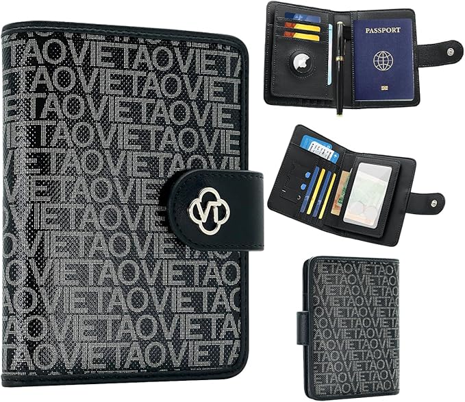Passport Holder for Travel, RFID Blocking Leather Airtag Wallet for Women Men, Large Passport Cover Essentials Gift, Tickets, Cash, Photo, Sim Card Pen Slot - Black