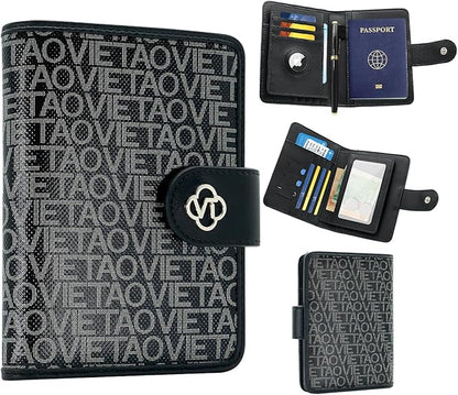 Passport Holder for Travel, RFID Blocking Leather Airtag Wallet for Women Men, Large Passport Cover Essentials Gift, Tickets, Cash, Photo, Sim Card Pen Slot - Black